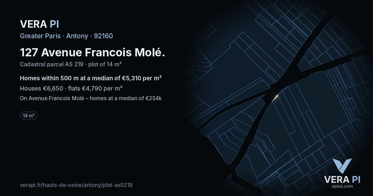 127 Avenue Francois Molé, Antony at night – the plot lit, the parcels around coloured by the prices near them