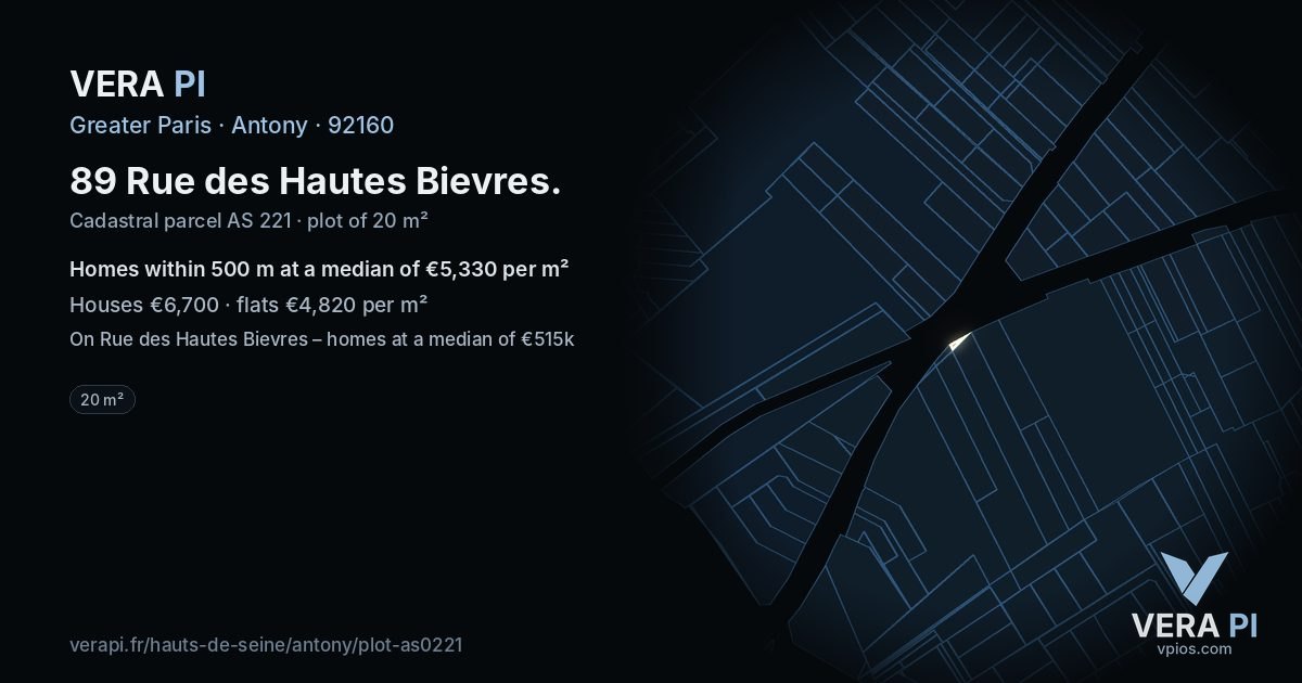 89 Rue des Hautes Bievres, Antony at night – the plot lit, the parcels around coloured by the prices near them