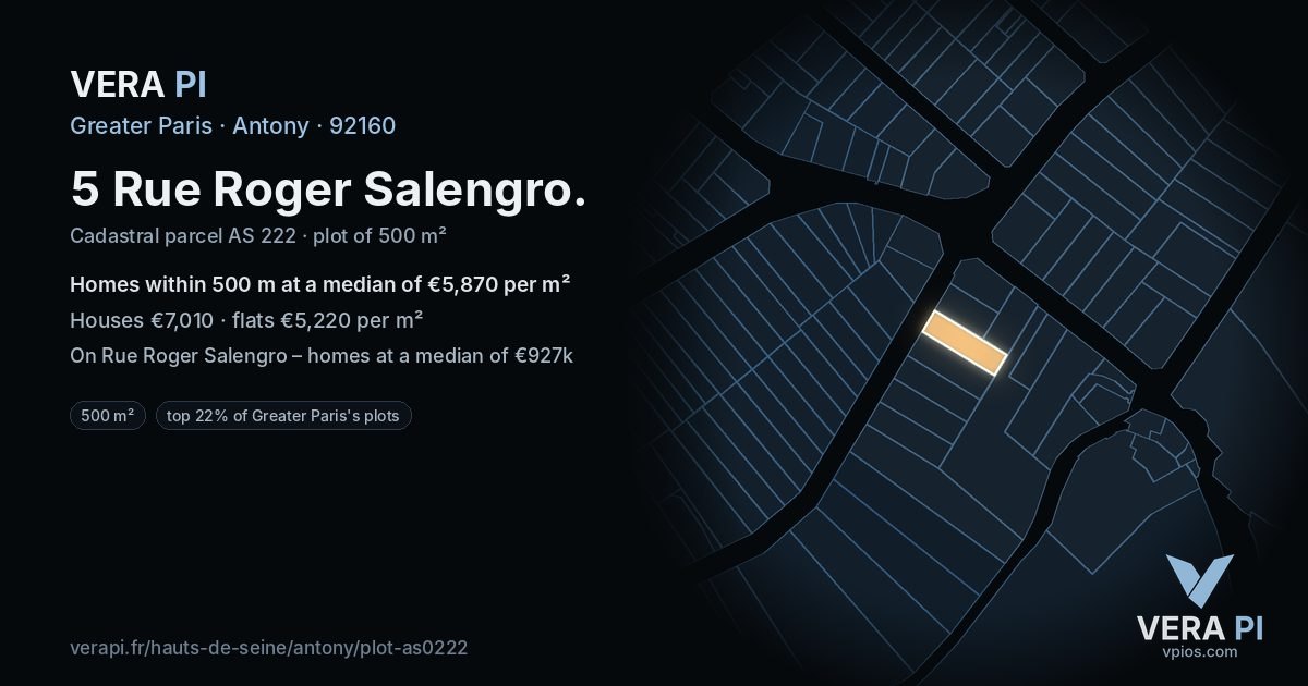 5 Rue Roger Salengro, Antony at night – the plot lit, the parcels around coloured by the prices near them