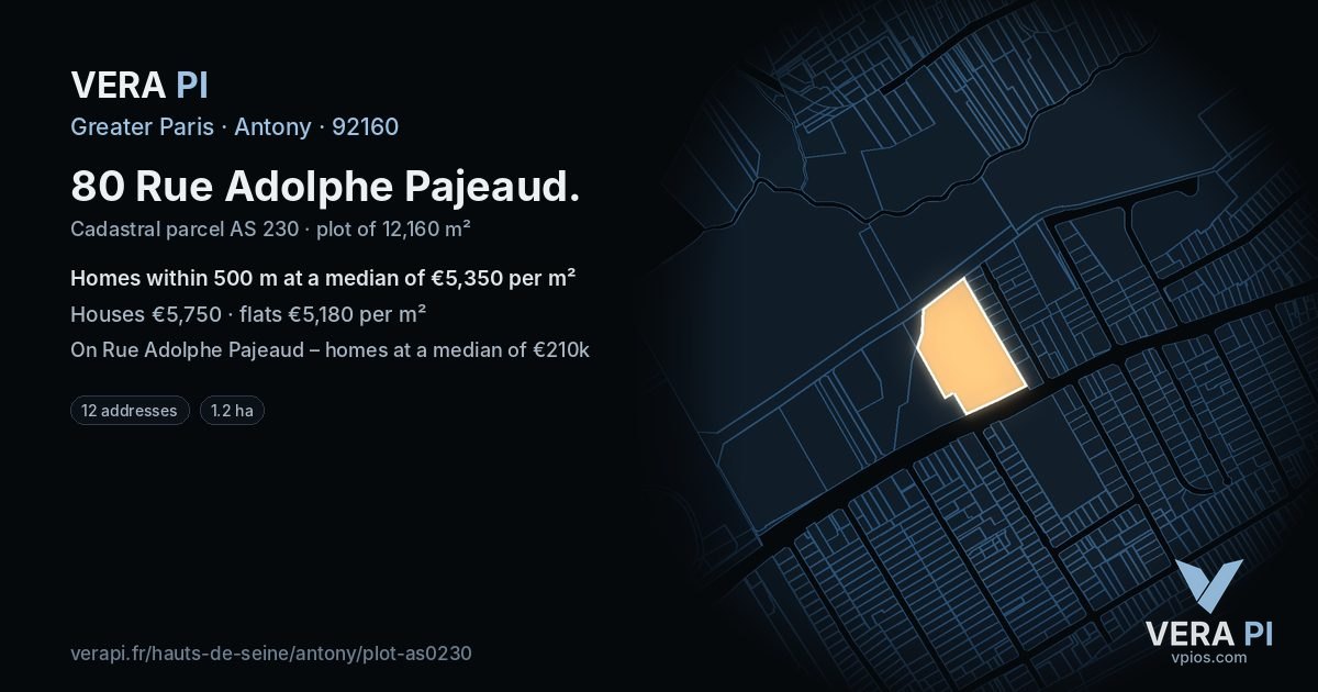 80 Rue Adolphe Pajeaud, Antony at night – the plot lit, the parcels around coloured by the prices near them