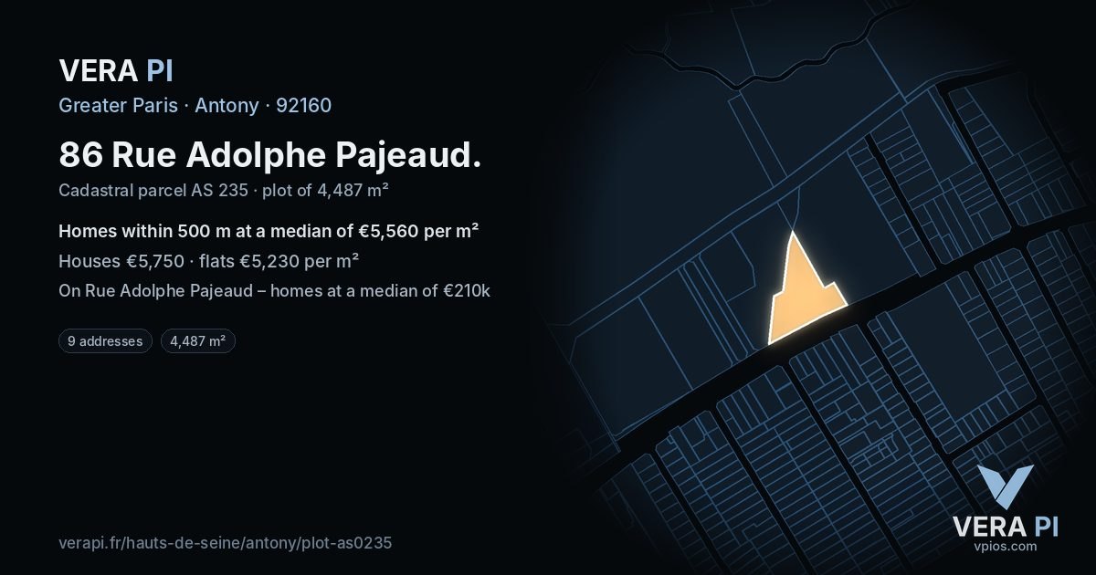86 Rue Adolphe Pajeaud, Antony at night – the plot lit, the parcels around coloured by the prices near them