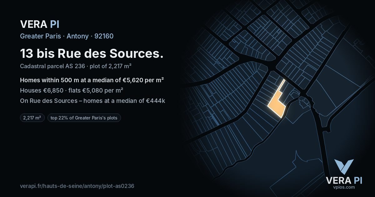 13 bis Rue des Sources, Antony at night – the plot lit, the parcels around coloured by the prices near them