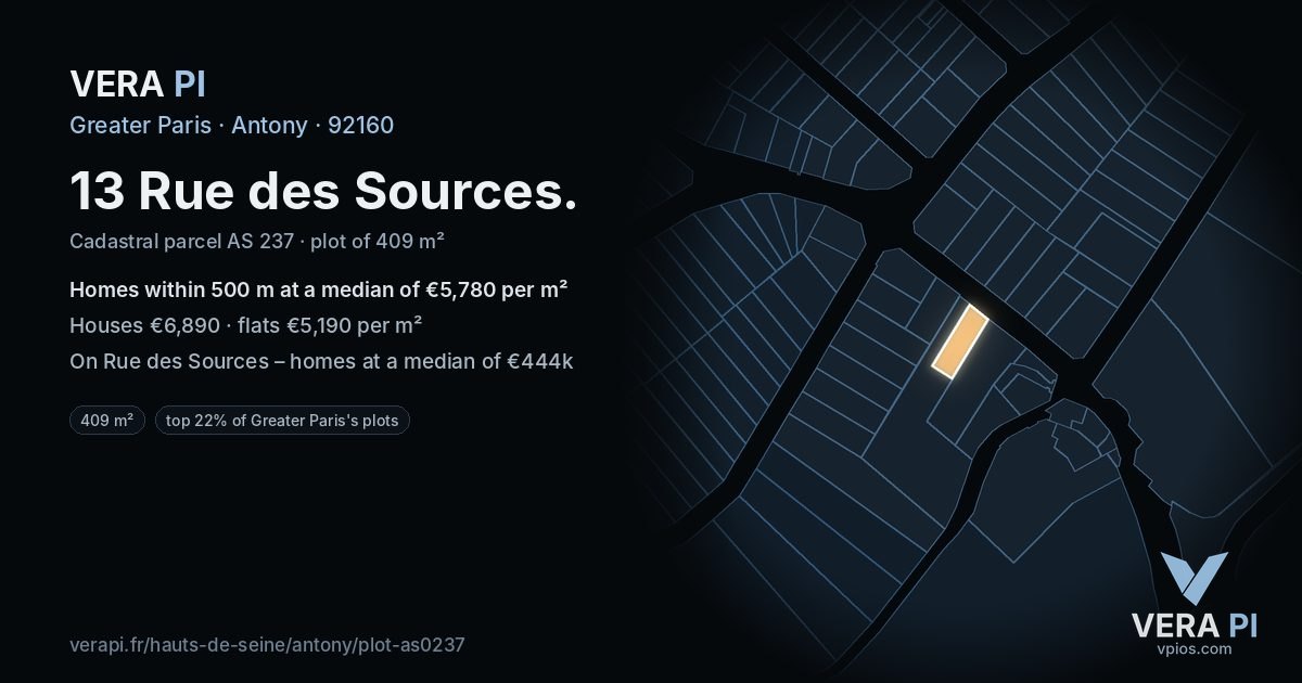 13 Rue des Sources, Antony at night – the plot lit, the parcels around coloured by the prices near them