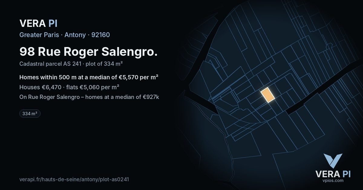 98 Rue Roger Salengro, Antony at night – the plot lit, the parcels around coloured by the prices near them
