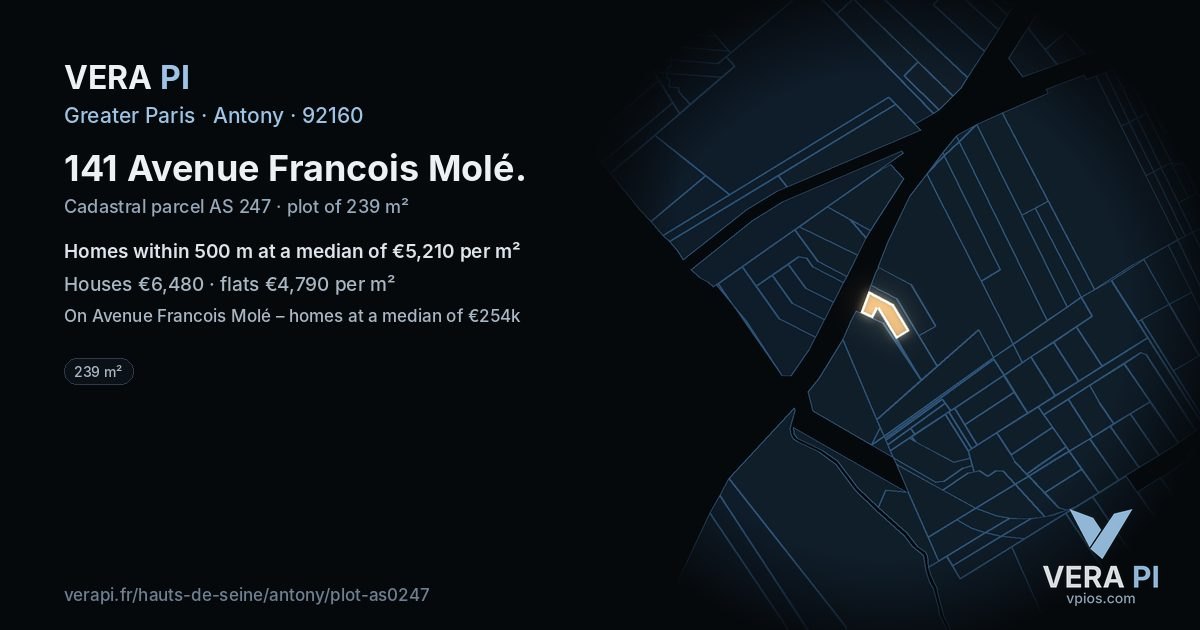 141 Avenue Francois Molé, Antony at night – the plot lit, the parcels around coloured by the prices near them