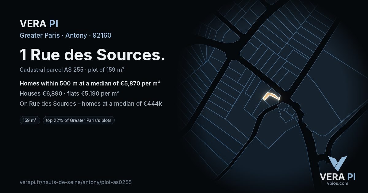1 Rue des Sources, Antony at night – the plot lit, the parcels around coloured by the prices near them