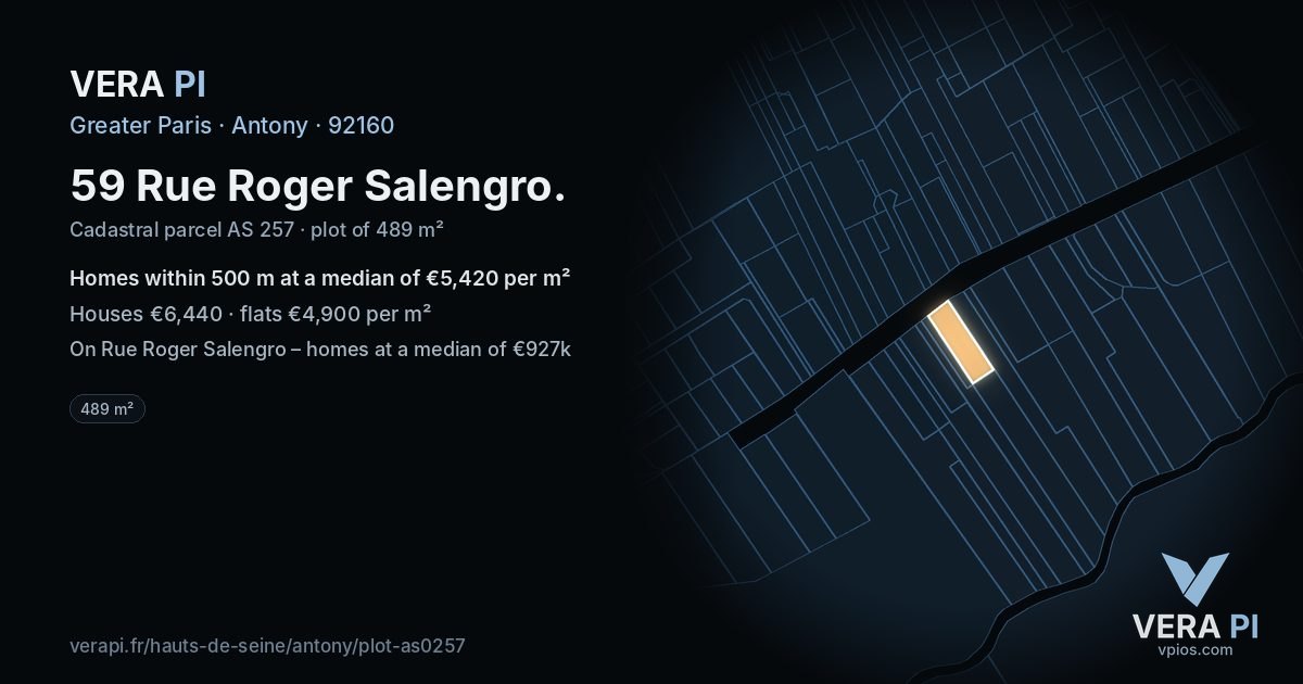 59 Rue Roger Salengro, Antony at night – the plot lit, the parcels around coloured by the prices near them