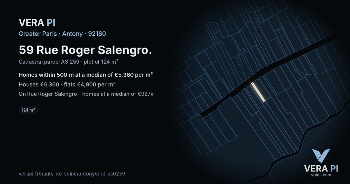 59 Rue Roger Salengro, Antony at night – the plot lit, the parcels around coloured by the prices near them