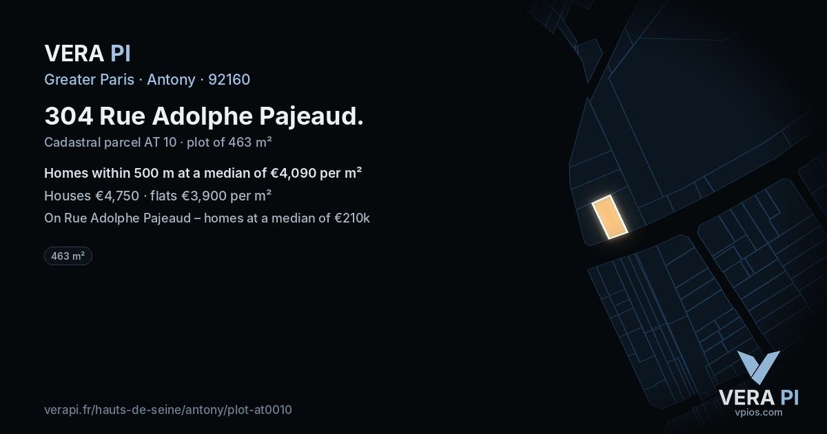 304 Rue Adolphe Pajeaud, Antony at night – the plot lit, the parcels around coloured by the prices near them