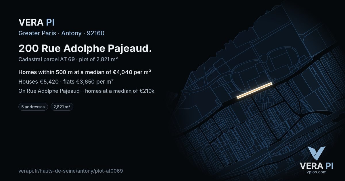 200 Rue Adolphe Pajeaud, Antony at night – the plot lit, the parcels around coloured by the prices near them