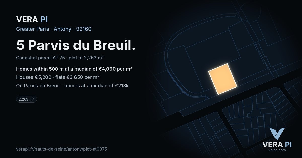 5 Parvis du Breuil, Antony at night – the plot lit, the parcels around coloured by the prices near them