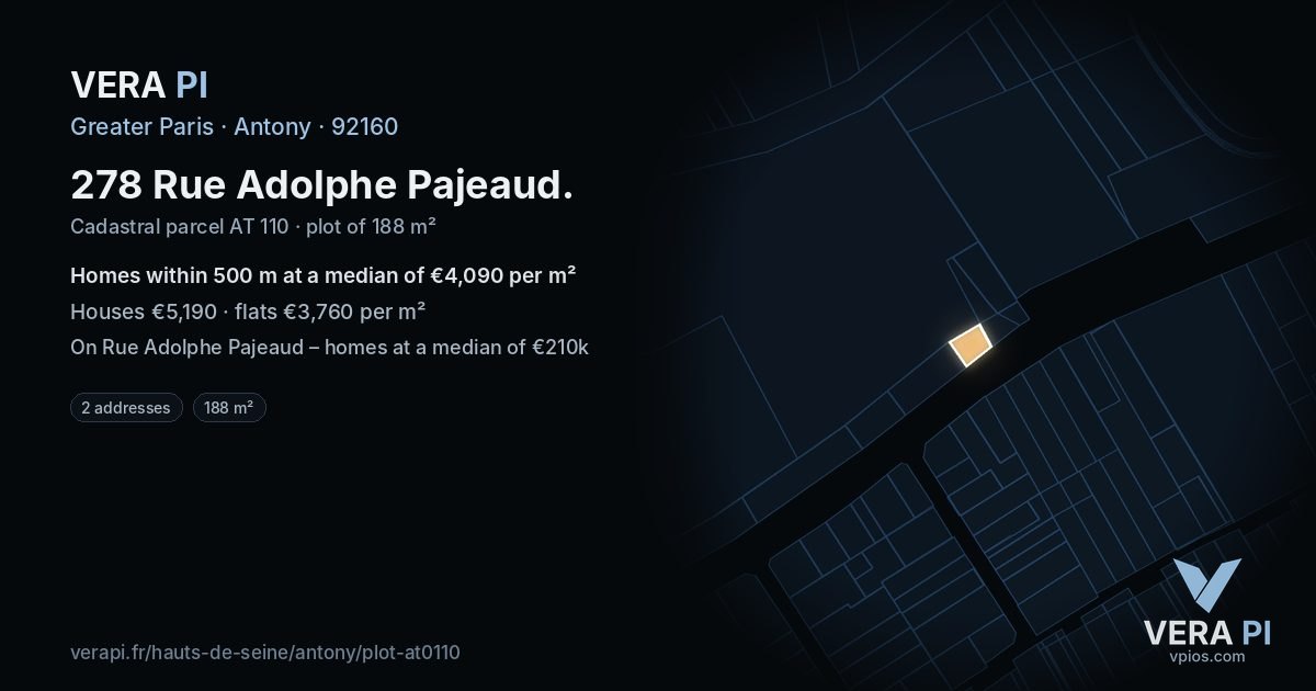 278 Rue Adolphe Pajeaud, Antony at night – the plot lit, the parcels around coloured by the prices near them