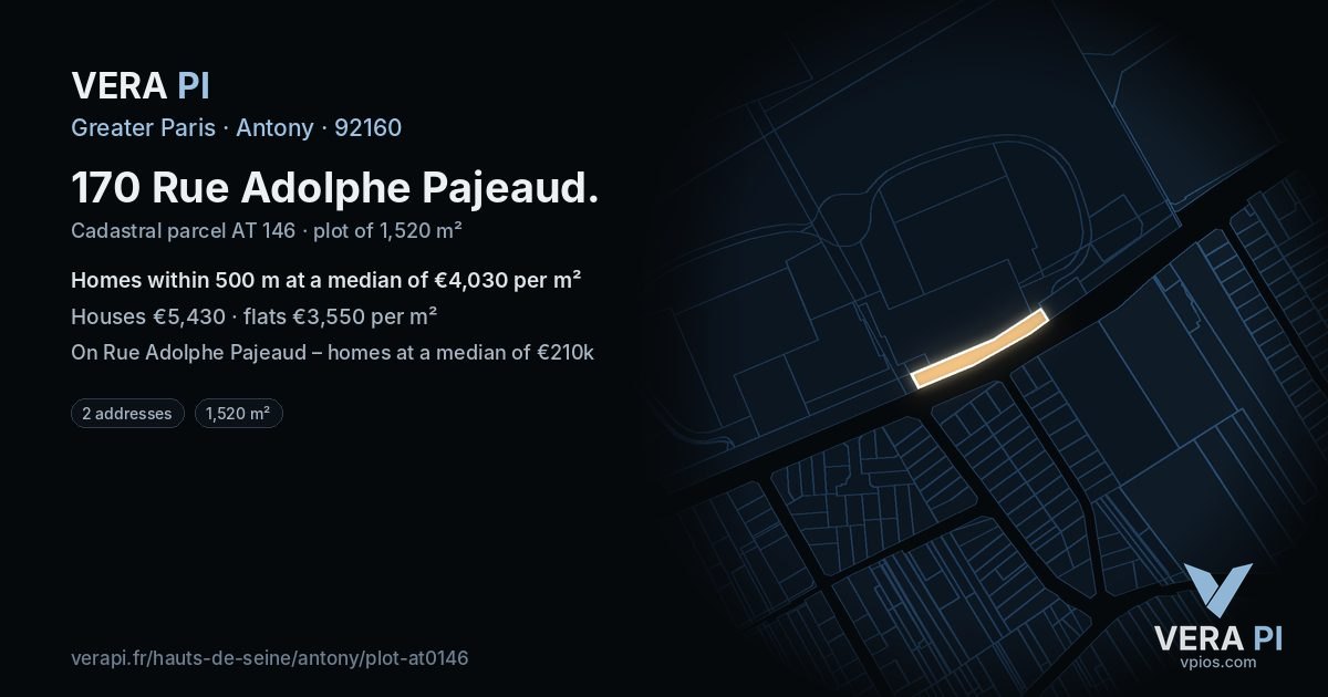 170 Rue Adolphe Pajeaud, Antony at night – the plot lit, the parcels around coloured by the prices near them