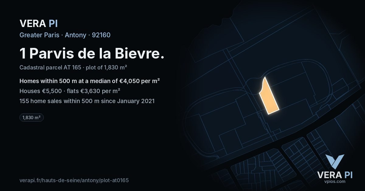 1 Parvis de la Bievre, Antony at night – the plot lit, the parcels around coloured by the prices near them