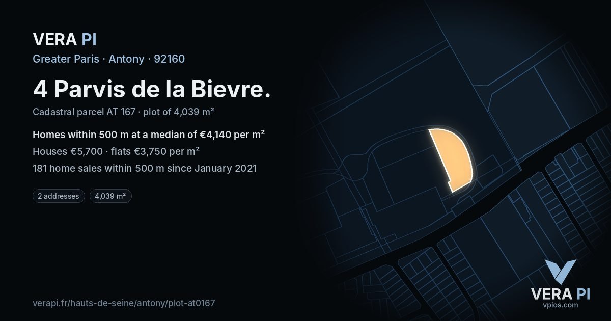 4 Parvis de la Bievre, Antony at night – the plot lit, the parcels around coloured by the prices near them