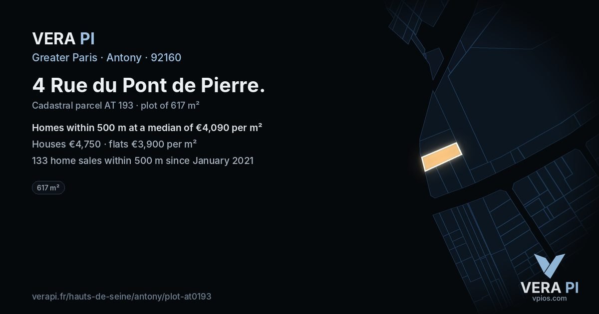 4 Rue du Pont de Pierre, Antony at night – the plot lit, the parcels around coloured by the prices near them
