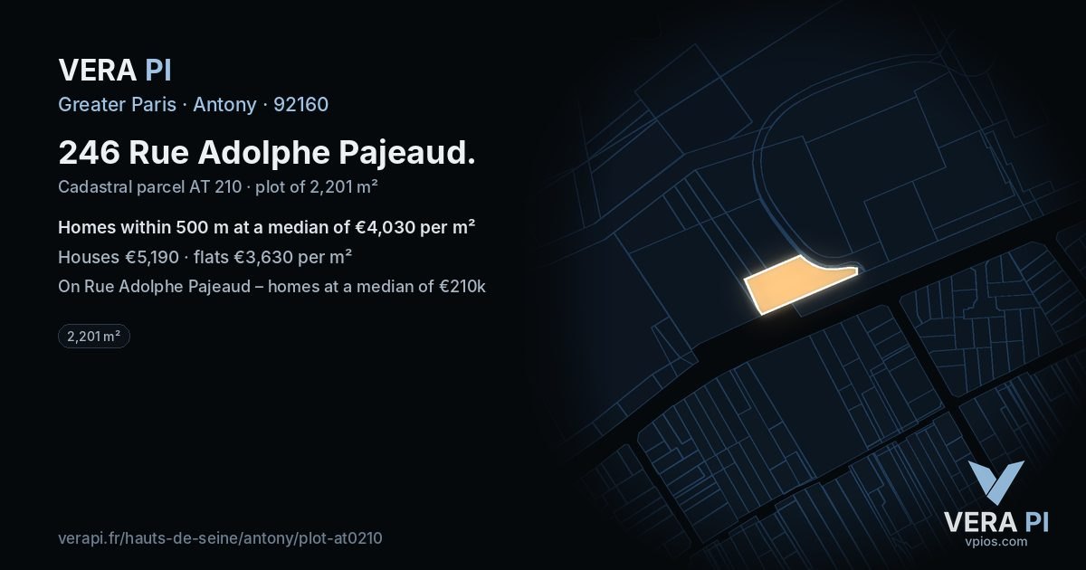 246 Rue Adolphe Pajeaud, Antony at night – the plot lit, the parcels around coloured by the prices near them