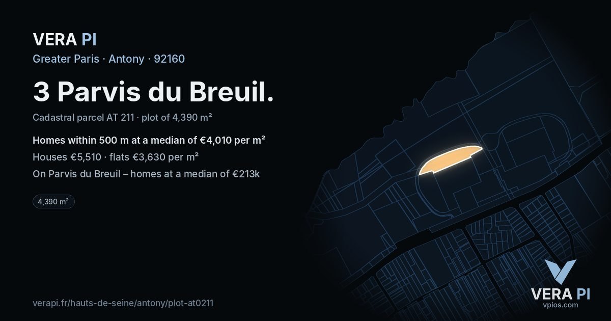 3 Parvis du Breuil, Antony at night – the plot lit, the parcels around coloured by the prices near them