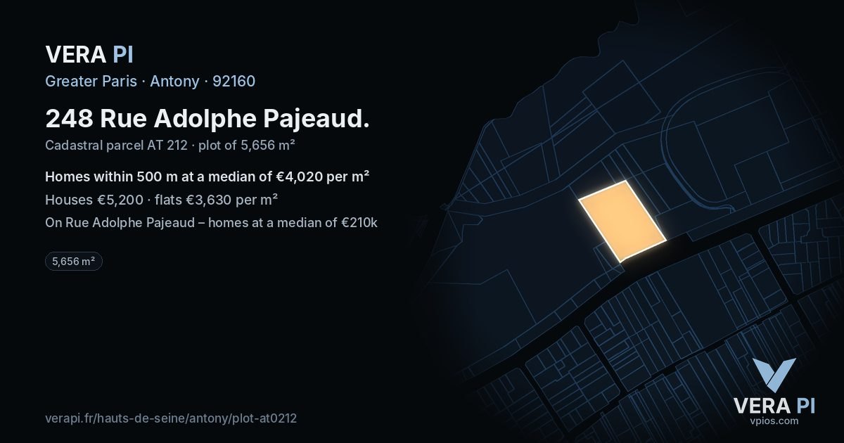 248 Rue Adolphe Pajeaud, Antony at night – the plot lit, the parcels around coloured by the prices near them