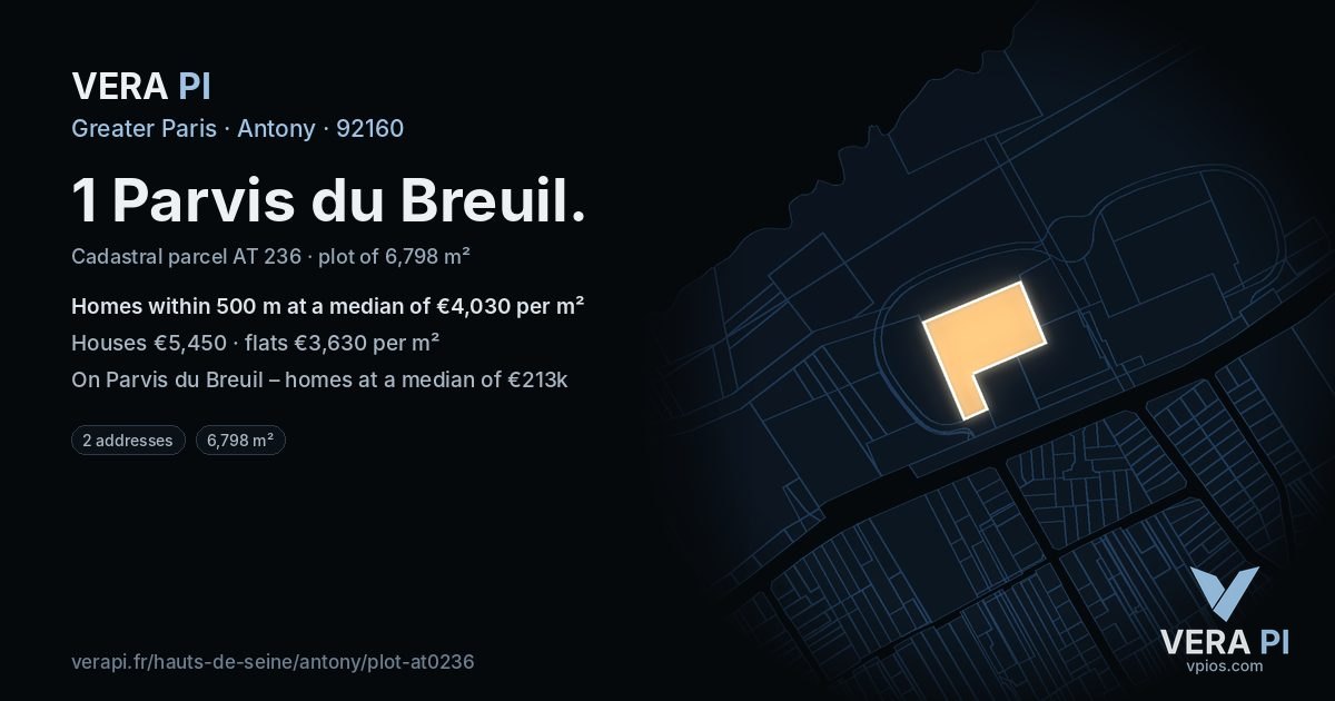 1 Parvis du Breuil, Antony at night – the plot lit, the parcels around coloured by the prices near them