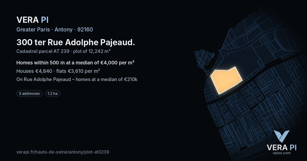 300 ter Rue Adolphe Pajeaud, Antony at night – the plot lit, the parcels around coloured by the prices near them