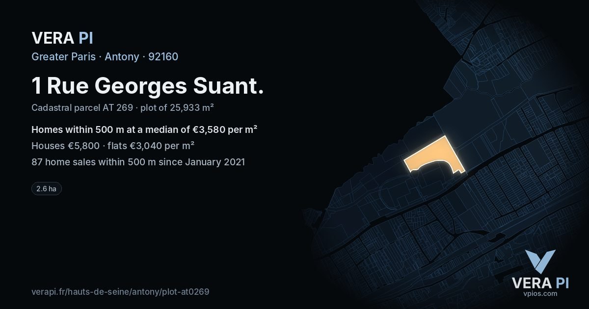 1 Rue Georges Suant, Antony at night – the plot lit, the parcels around coloured by the prices near them