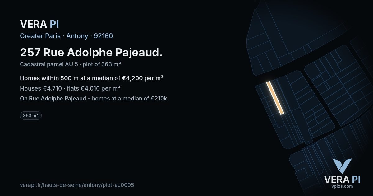 257 Rue Adolphe Pajeaud, Antony at night – the plot lit, the parcels around coloured by the prices near them
