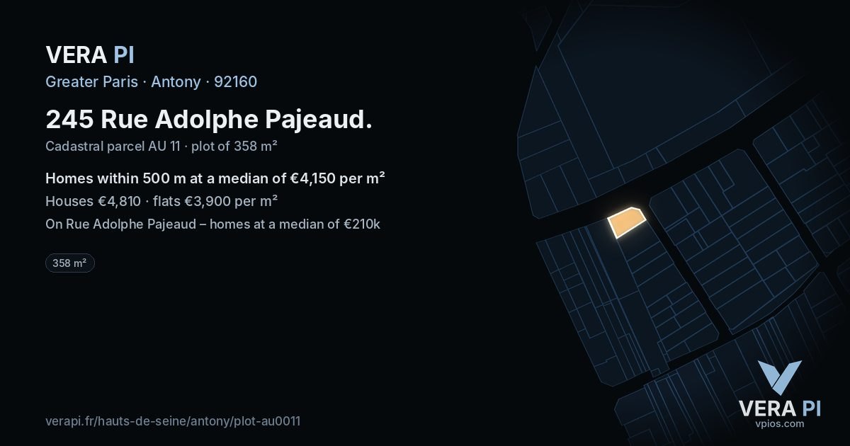 245 Rue Adolphe Pajeaud, Antony at night – the plot lit, the parcels around coloured by the prices near them