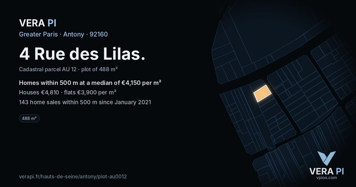 4 Rue des Lilas, Antony at night – the plot lit, the parcels around coloured by the prices near them