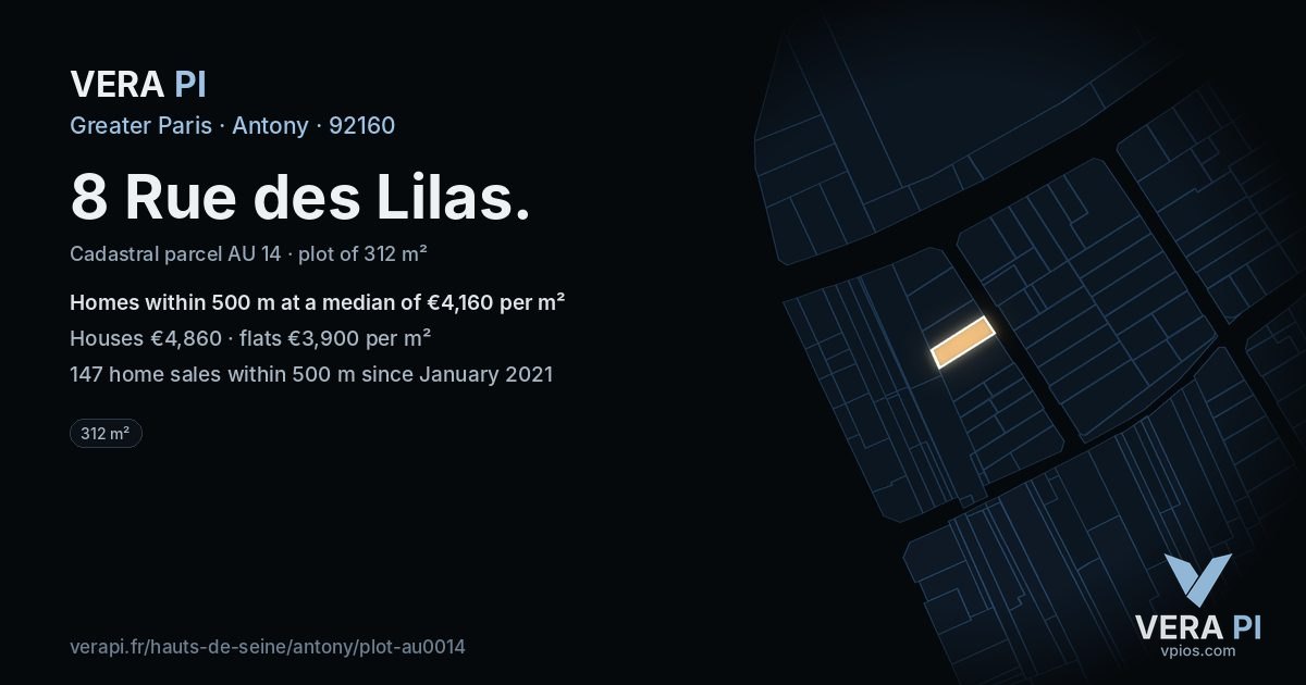 8 Rue des Lilas, Antony at night – the plot lit, the parcels around coloured by the prices near them