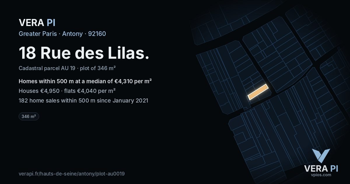 18 Rue des Lilas, Antony at night – the plot lit, the parcels around coloured by the prices near them