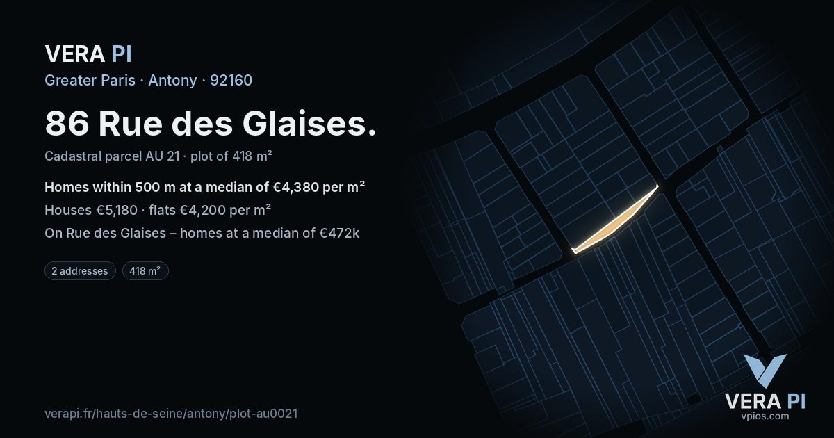 86 Rue des Glaises, Antony at night – the plot lit, the parcels around coloured by the prices near them