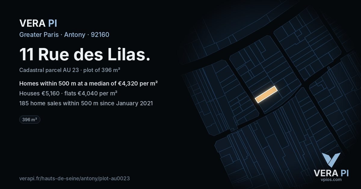11 Rue des Lilas, Antony at night – the plot lit, the parcels around coloured by the prices near them