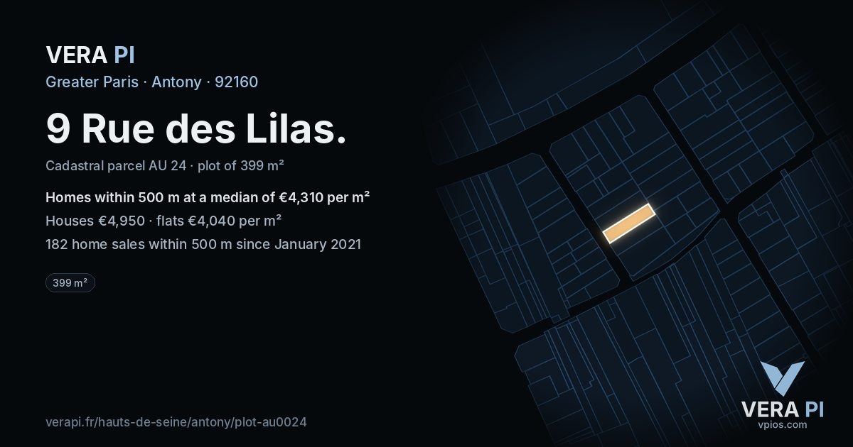 9 Rue des Lilas, Antony at night – the plot lit, the parcels around coloured by the prices near them