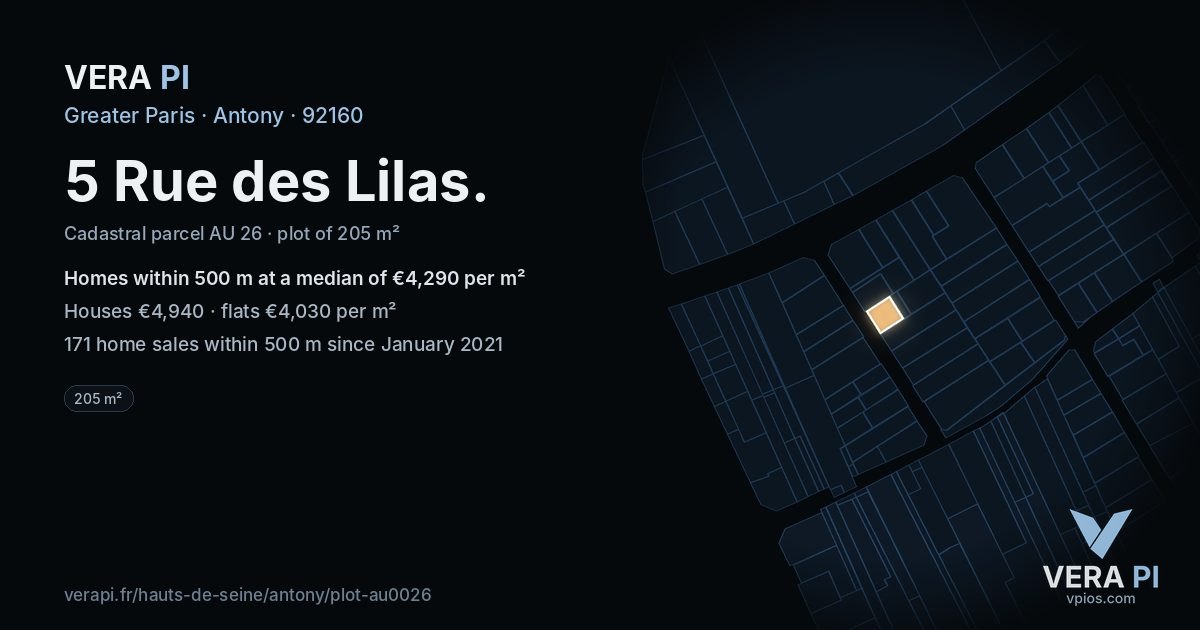 5 Rue des Lilas, Antony at night – the plot lit, the parcels around coloured by the prices near them