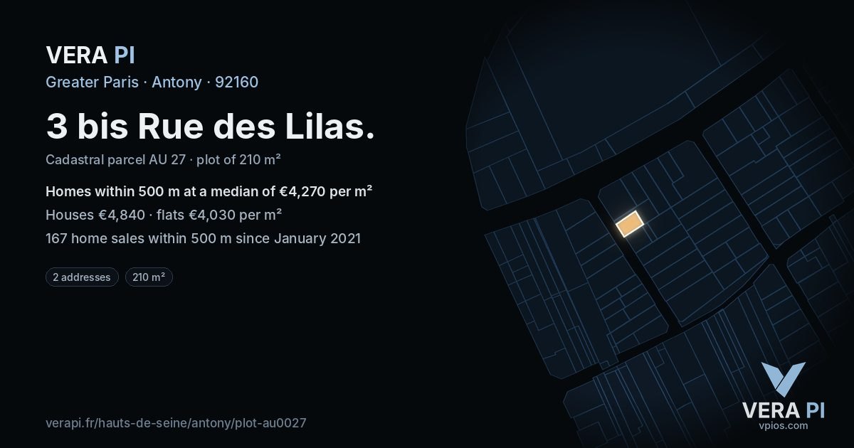 3 bis Rue des Lilas, Antony at night – the plot lit, the parcels around coloured by the prices near them