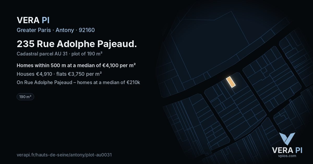 235 Rue Adolphe Pajeaud, Antony at night – the plot lit, the parcels around coloured by the prices near them