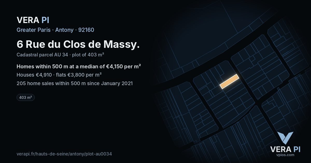 6 Rue du Clos de Massy, Antony at night – the plot lit, the parcels around coloured by the prices near them