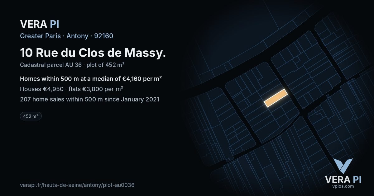 10 Rue du Clos de Massy, Antony at night – the plot lit, the parcels around coloured by the prices near them