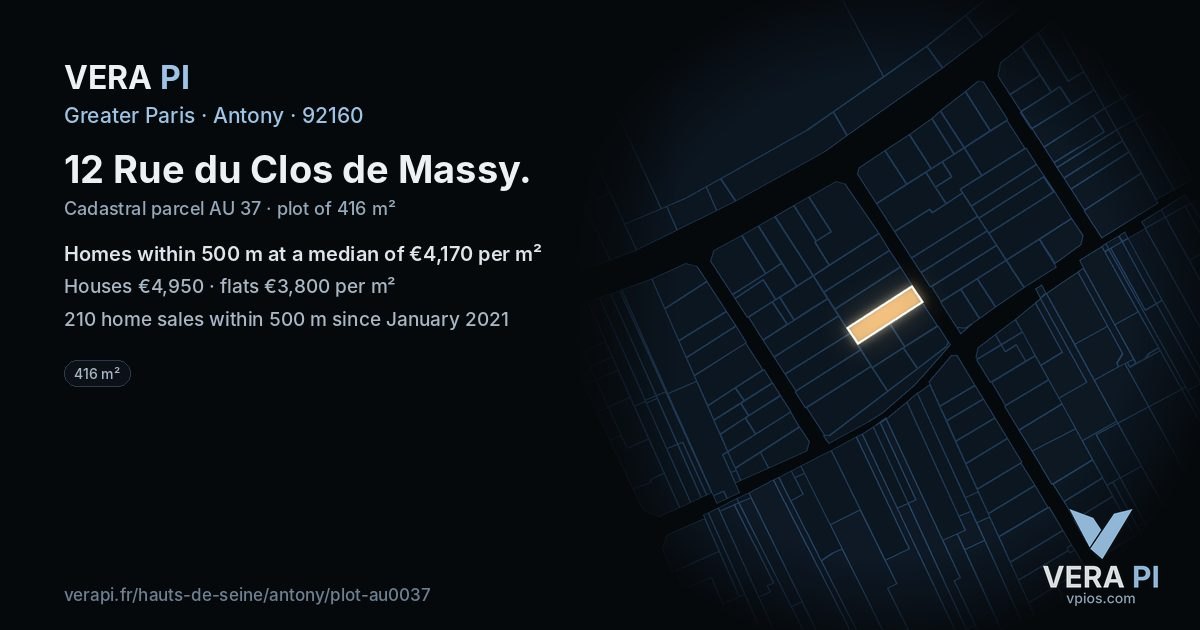 12 Rue du Clos de Massy, Antony at night – the plot lit, the parcels around coloured by the prices near them