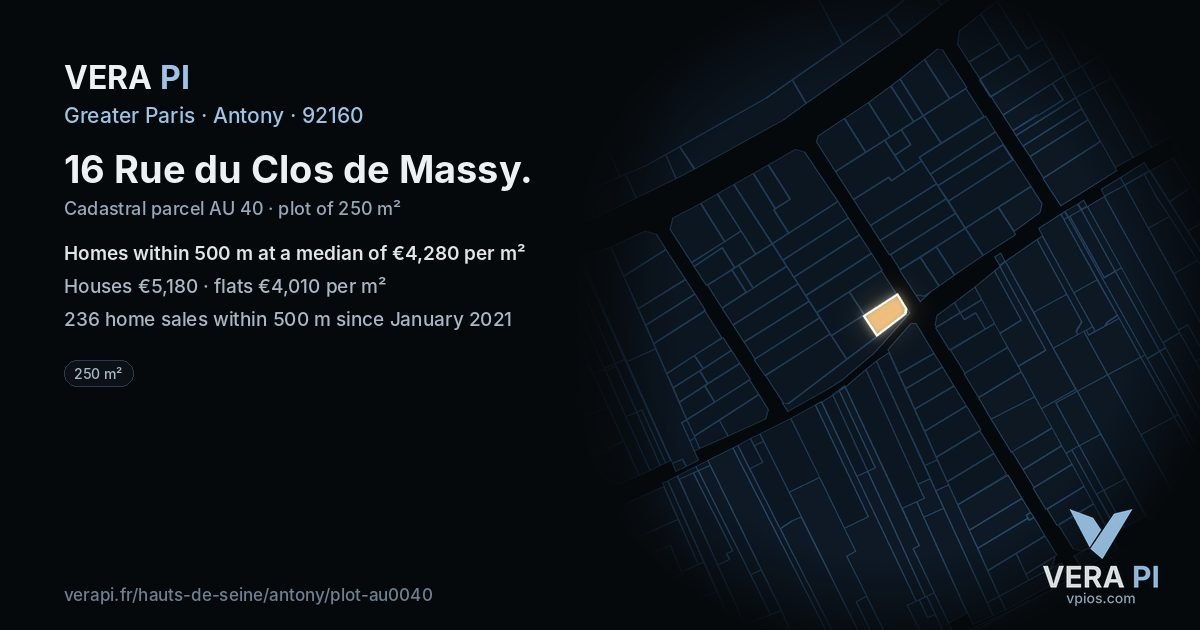 16 Rue du Clos de Massy, Antony at night – the plot lit, the parcels around coloured by the prices near them