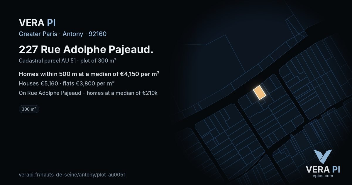 227 Rue Adolphe Pajeaud, Antony at night – the plot lit, the parcels around coloured by the prices near them