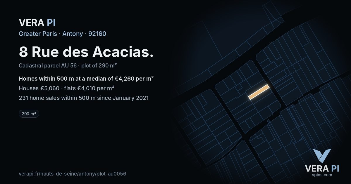 8 Rue des Acacias, Antony at night – the plot lit, the parcels around coloured by the prices near them