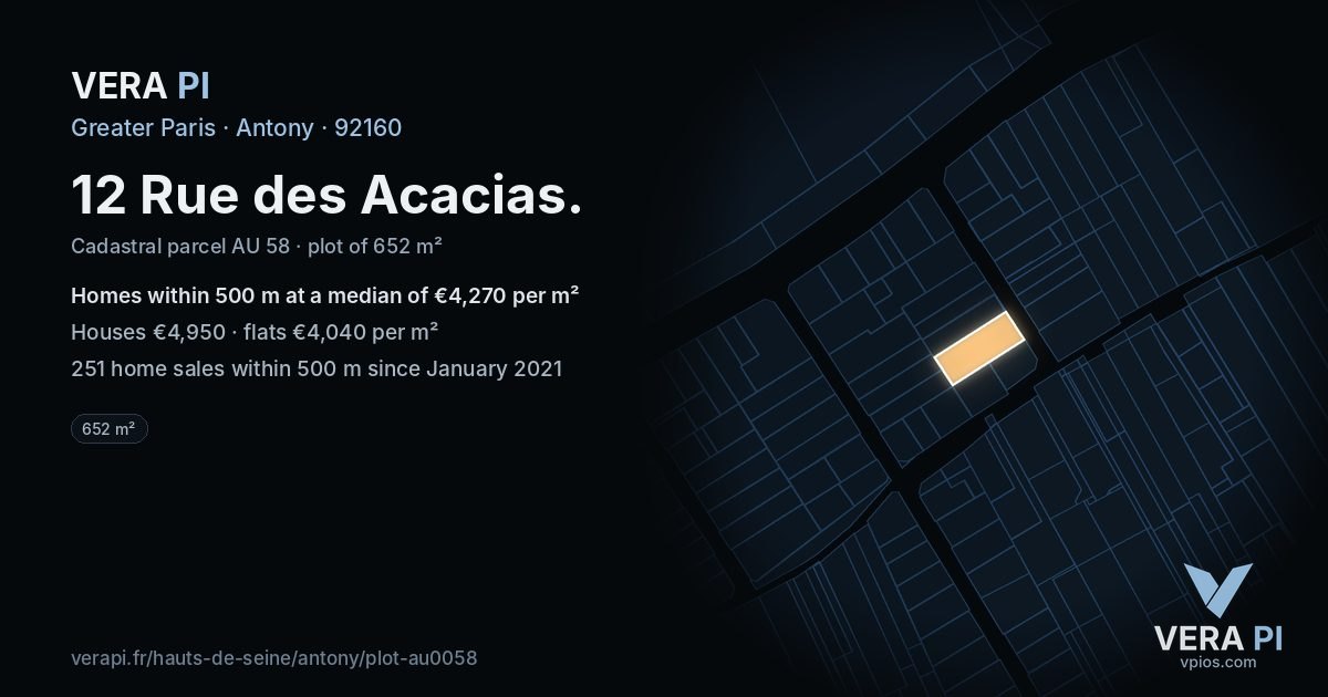 12 Rue des Acacias, Antony at night – the plot lit, the parcels around coloured by the prices near them