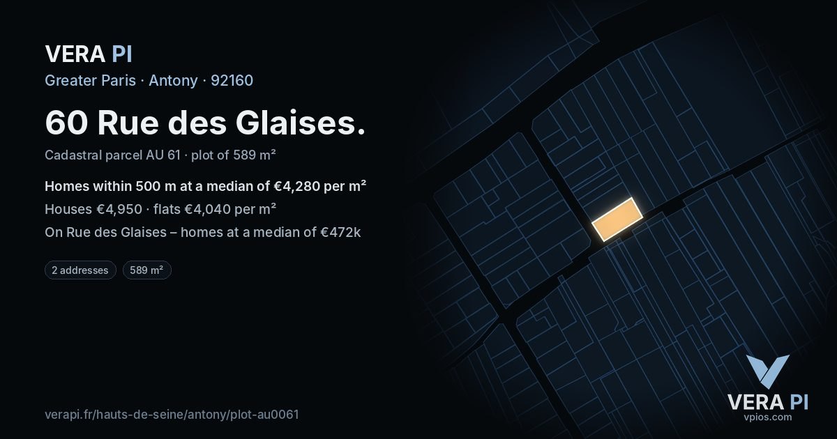 60 Rue des Glaises, Antony at night – the plot lit, the parcels around coloured by the prices near them