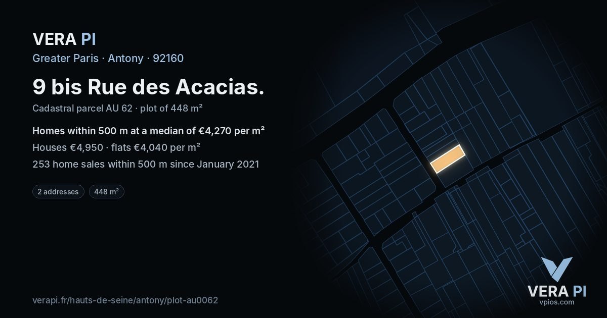 9 bis Rue des Acacias, Antony at night – the plot lit, the parcels around coloured by the prices near them