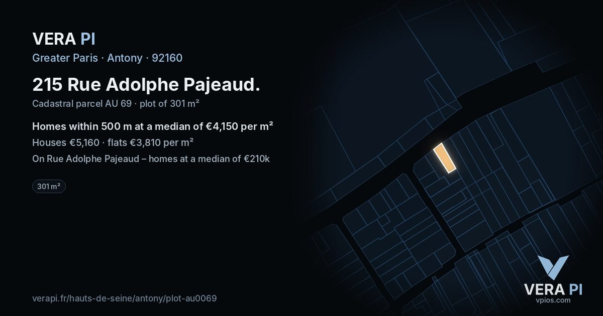 215 Rue Adolphe Pajeaud, Antony at night – the plot lit, the parcels around coloured by the prices near them