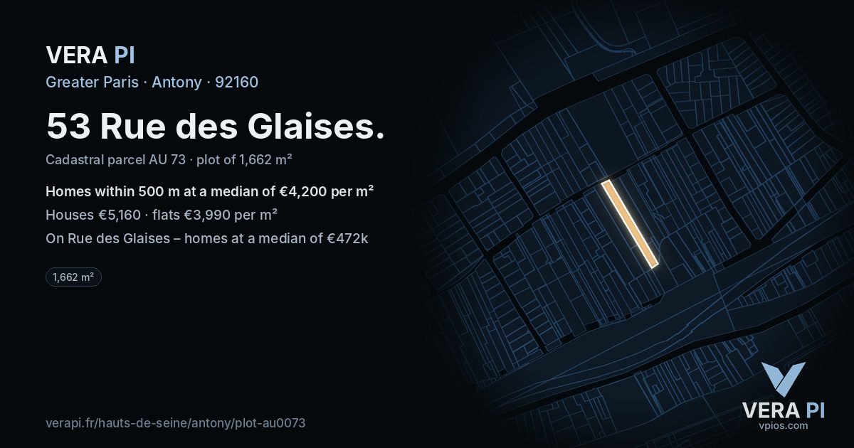 53 Rue des Glaises, Antony at night – the plot lit, the parcels around coloured by the prices near them
