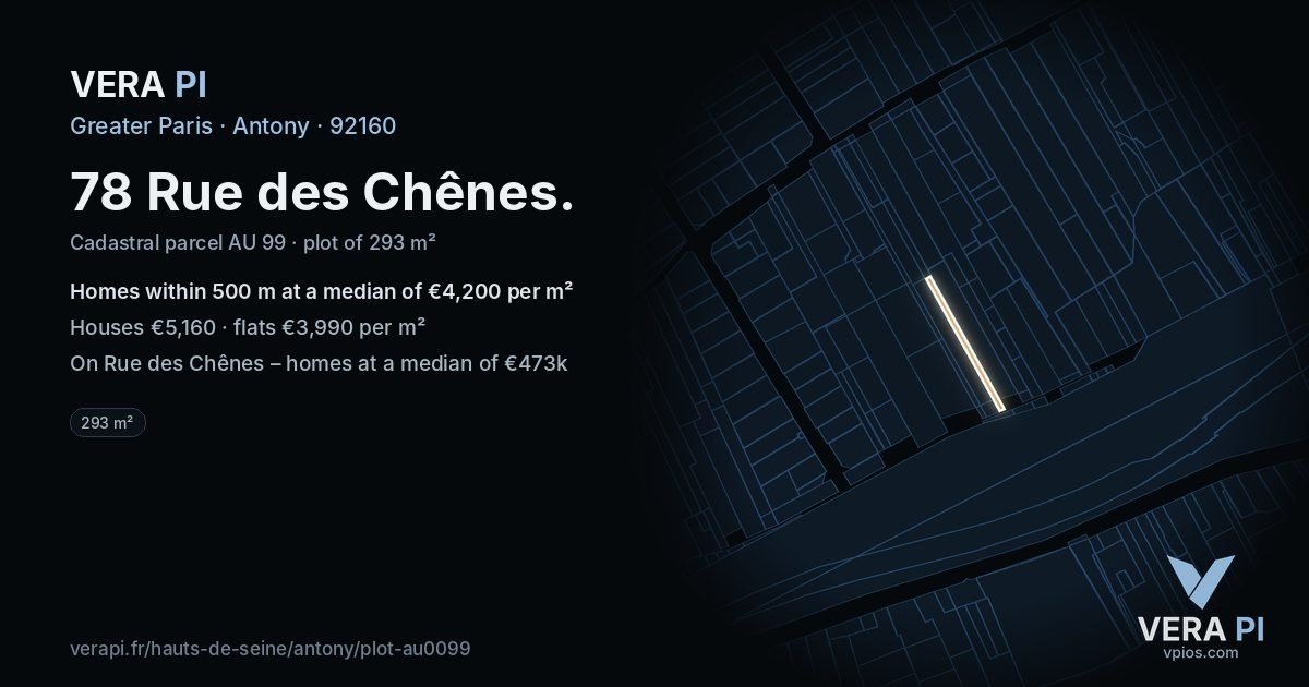78 Rue des Chênes, Antony at night – the plot lit, the parcels around coloured by the prices near them
