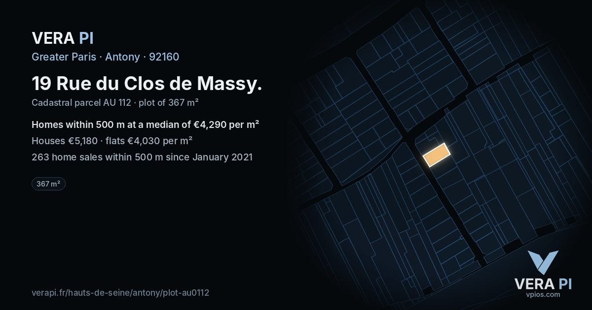 19 Rue du Clos de Massy, Antony at night – the plot lit, the parcels around coloured by the prices near them